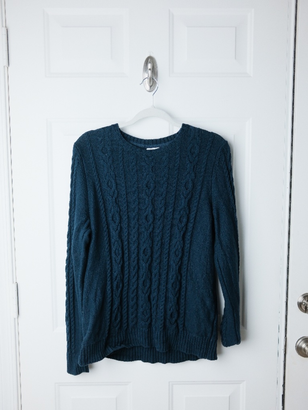 L.L.Bean Women’s Large Cable Knit Sweater Blue Cotton Crewneck Fisherman